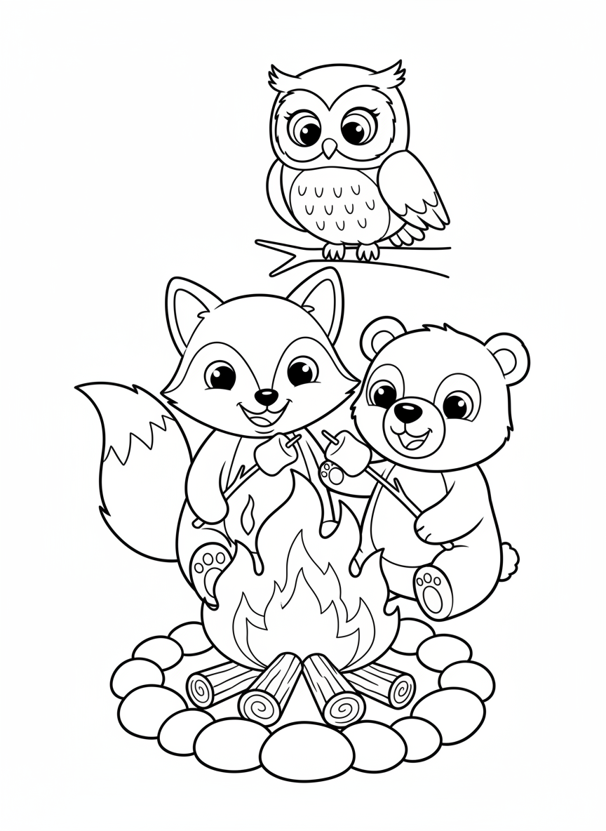 Happy Animals Campfire Coloring Page for Kids