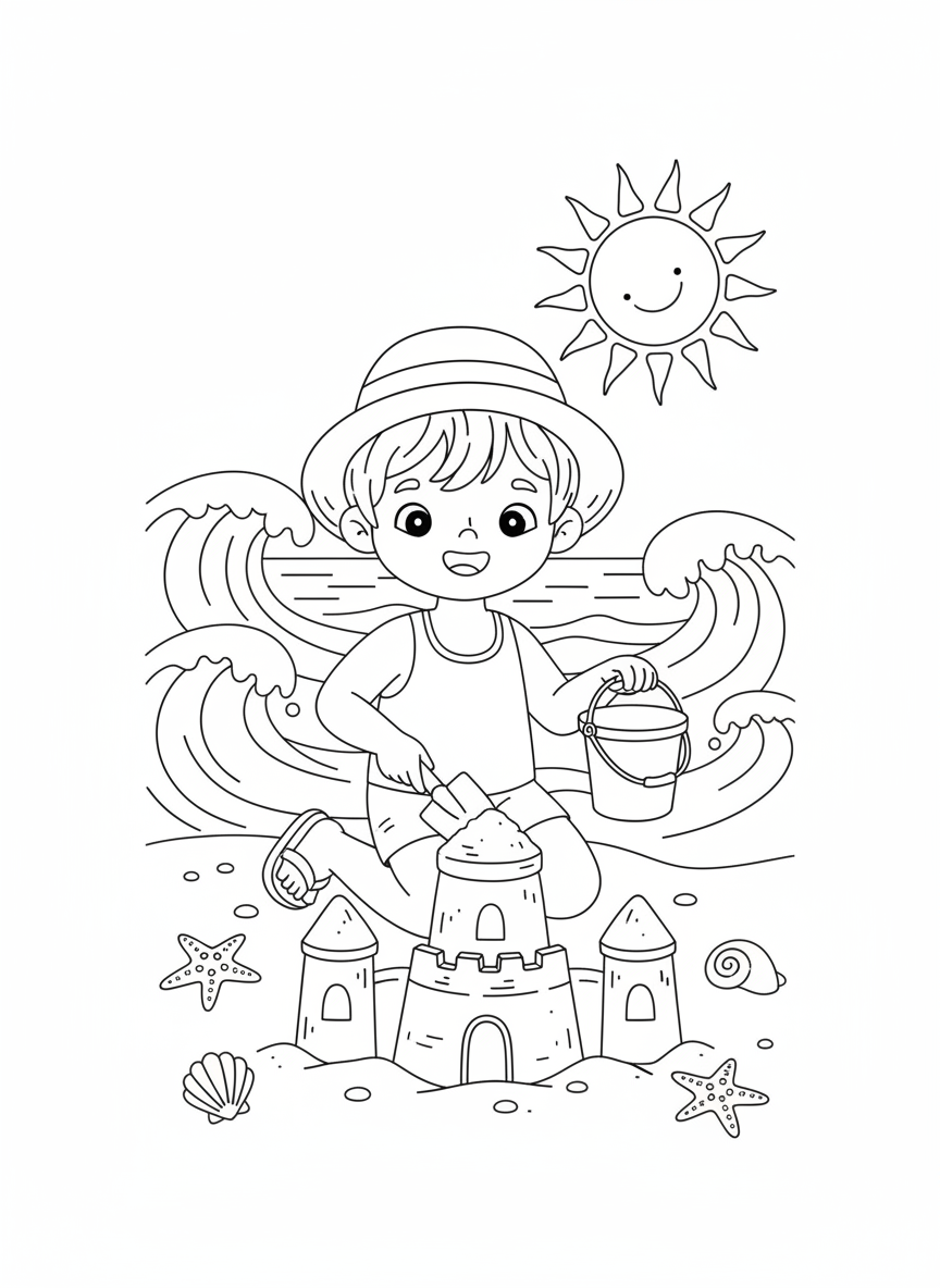 Happy Child Building Sandcastle on Sunny Summer Beach