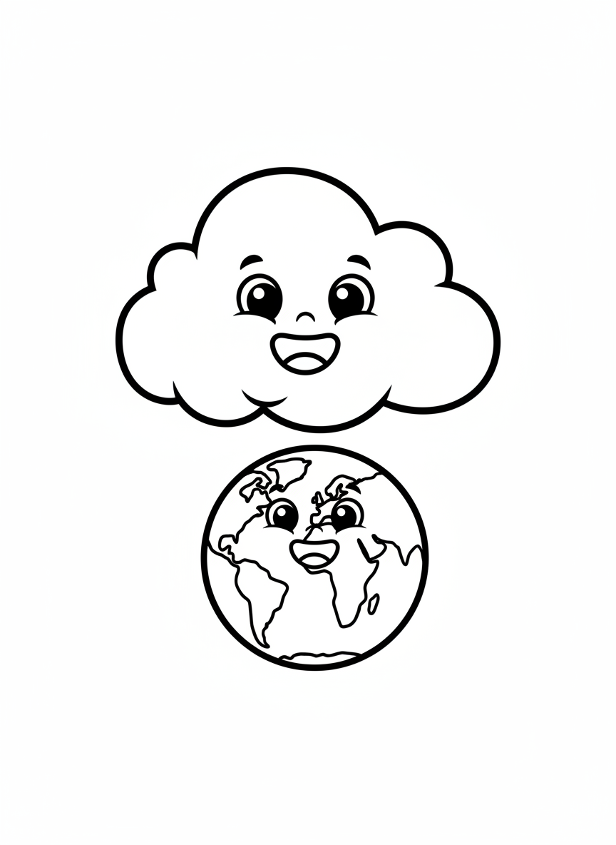 Happy Cloud & Earth Coloring Page for Kids