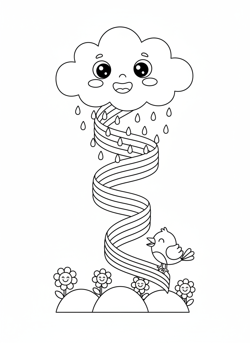 Happy Cloud & Rainbow Bird Coloring Page