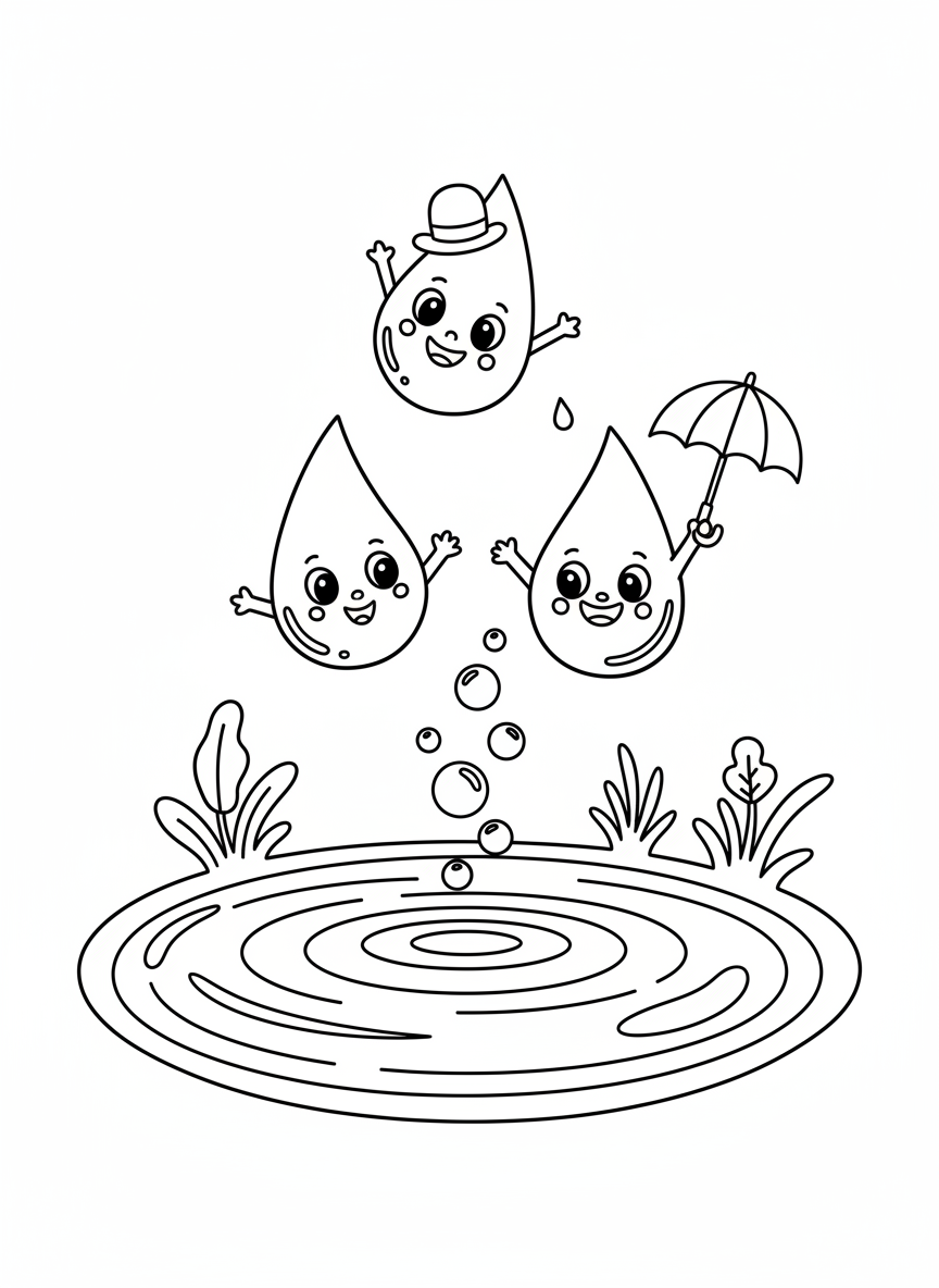 Happy Raindrops Puddle Fun Coloring Page