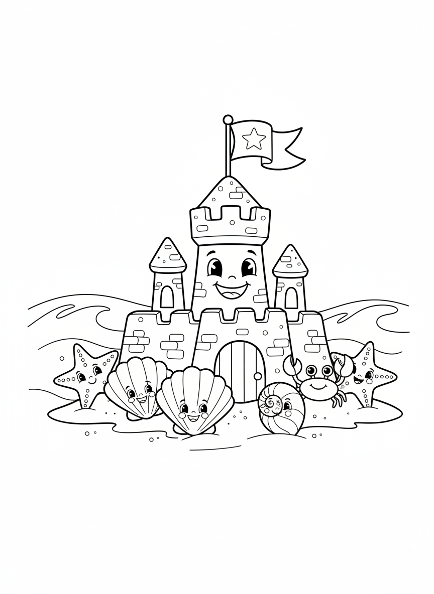 Happy Sandcastle Beach Fun Coloring Page for Kids