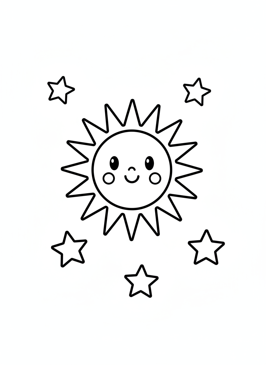 Happy Sun & Stars Coloring Page for Kids