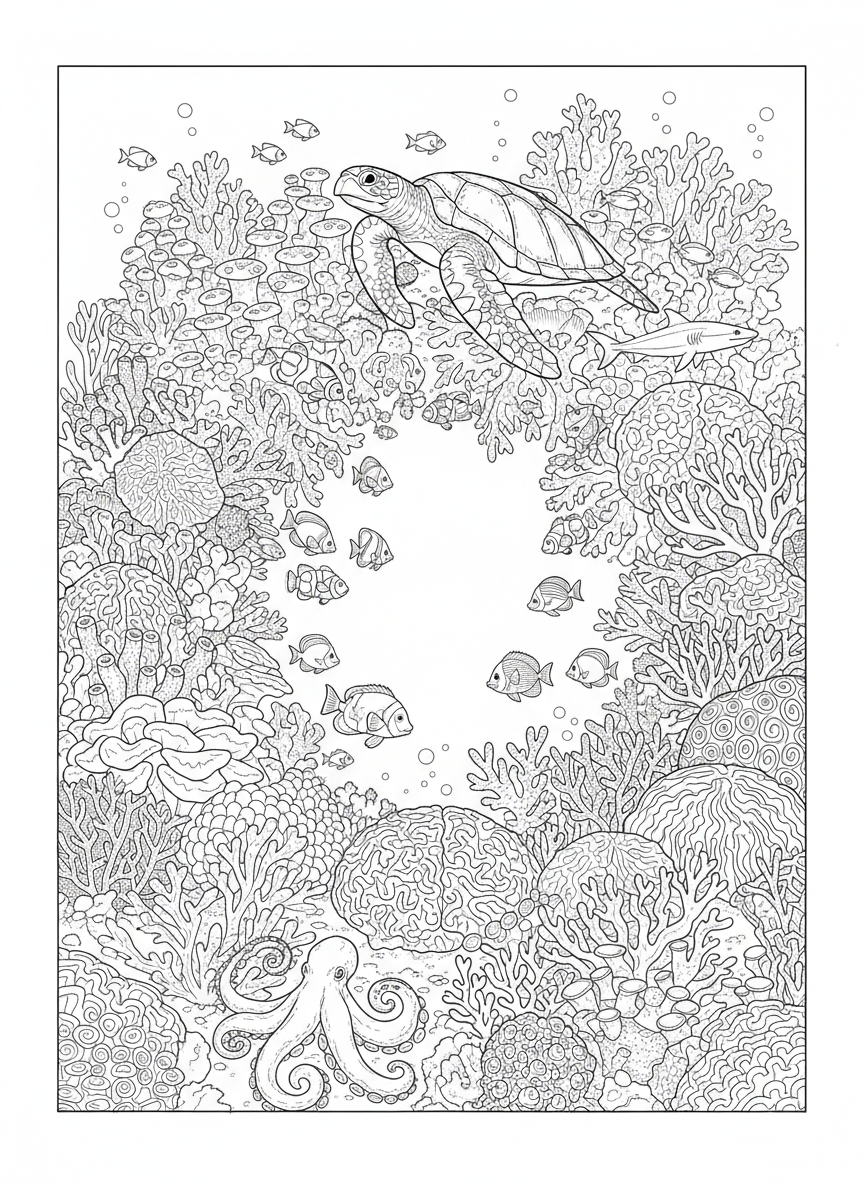Intricate Reef Ecosystem Coloring Page