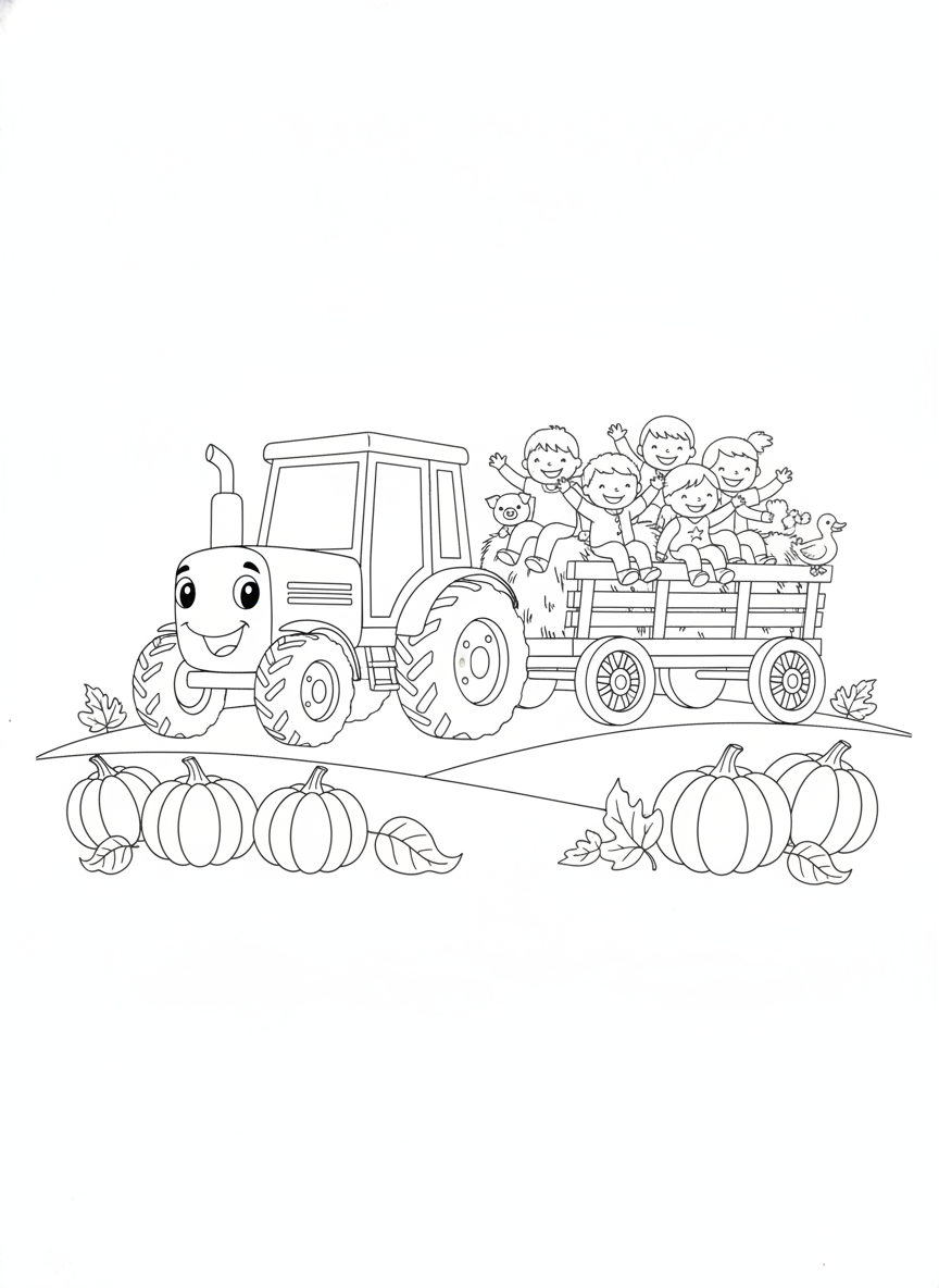Joyful Autumn Farm Hayride Coloring Page