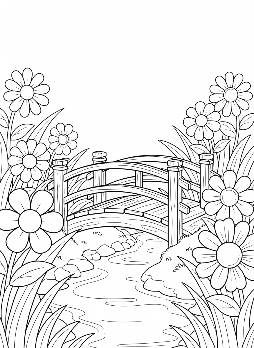Little Bridge, Big Flowers Coloring Page