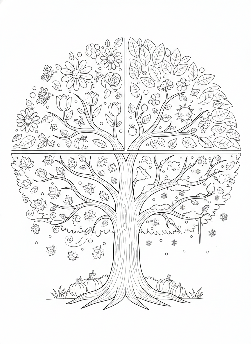 Magical Four Seasons Tree Coloring Page for Kids