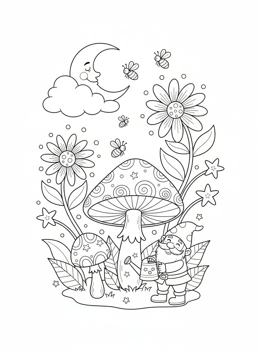 Magical Glowing Garden Night Coloring Page for Kids