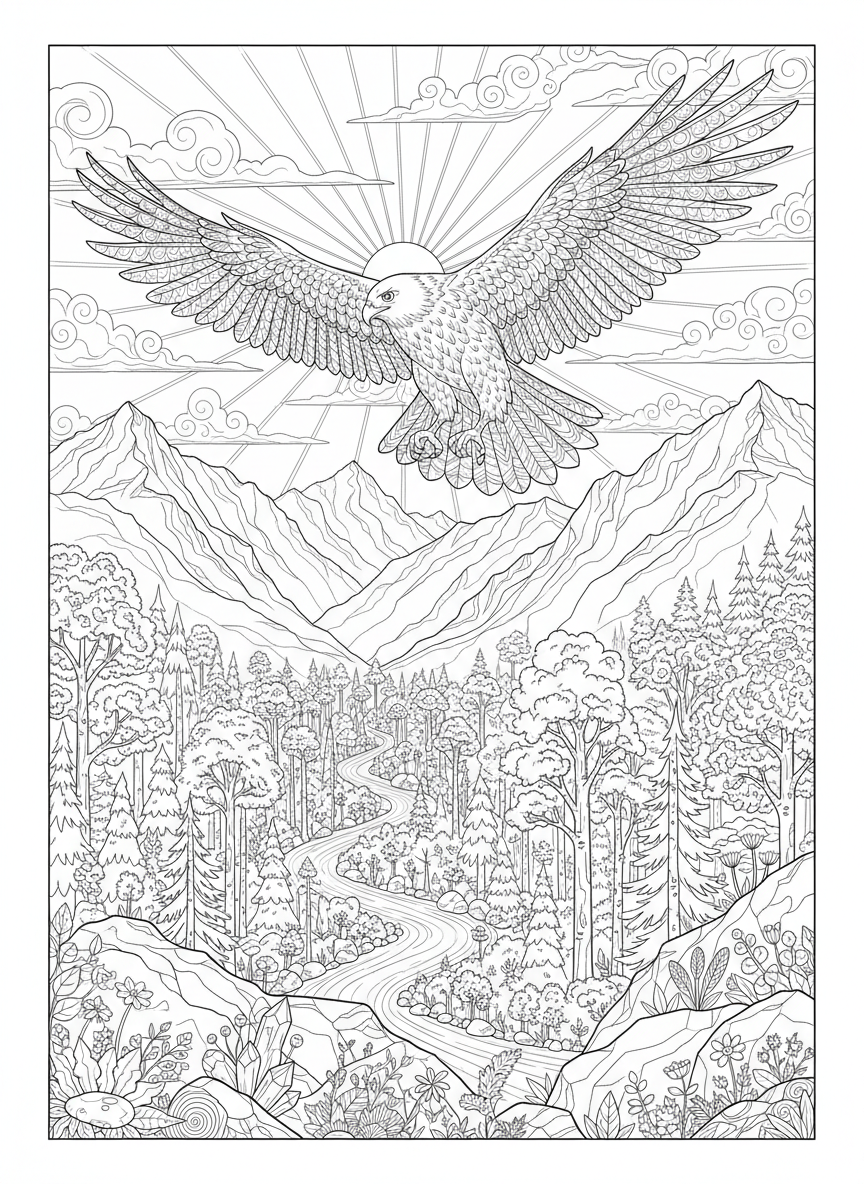 Majestic Hawk Soaring Over Mountain Landscape Coloring Page