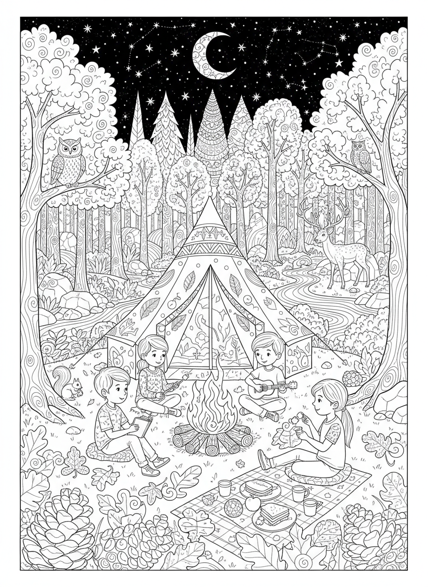 Night Camp Adventure: Detailed Coloring Page for Kids 8-10