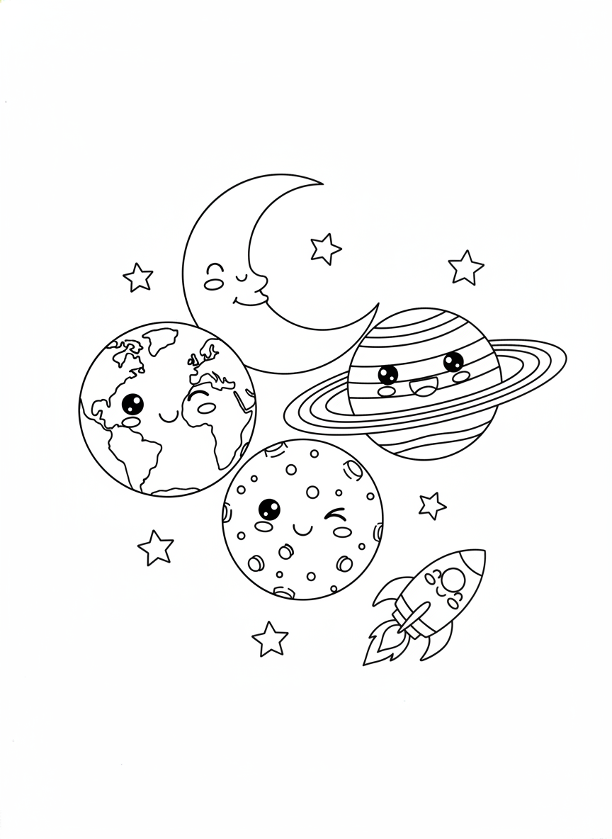 Planet Friends Space Adventure Coloring Page