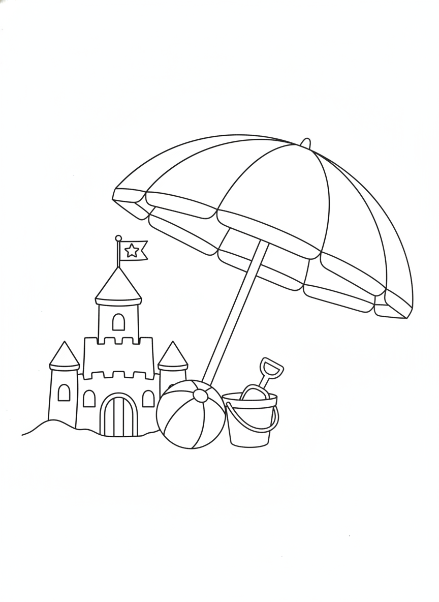 Playful Beach Fun: Sandcastle & Umbrella Coloring Page for Kids