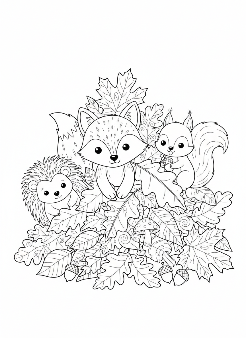 Playful Forest Friends in Autumn Leaves Kids Coloring Page
