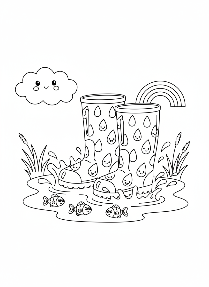 Playful Rain Boots in Puddle Coloring Page