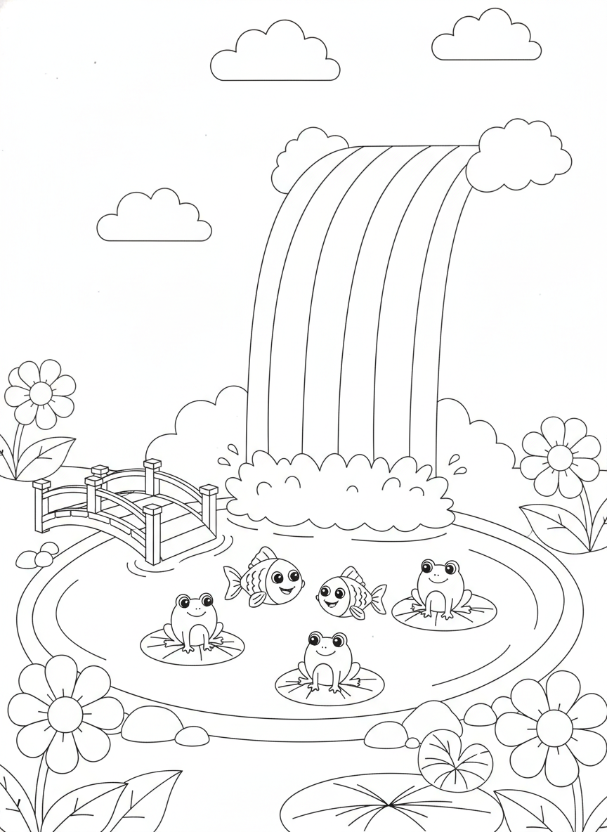 Rainbow Waterfall Adventure: A Kids' Coloring Page with Frogs and Fish