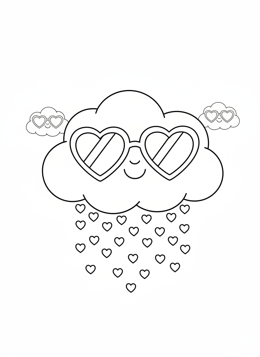 Smiling Cloud Raining Hearts Coloring Page