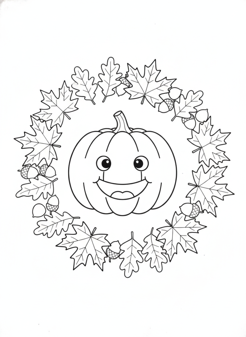 Smiling Pumpkin in Autumn Leaf Wreath Coloring Page for Kids
