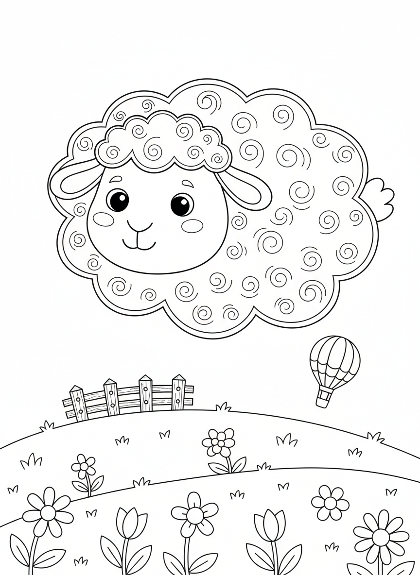 Smiling Sheep Cloud Kids Coloring Page
