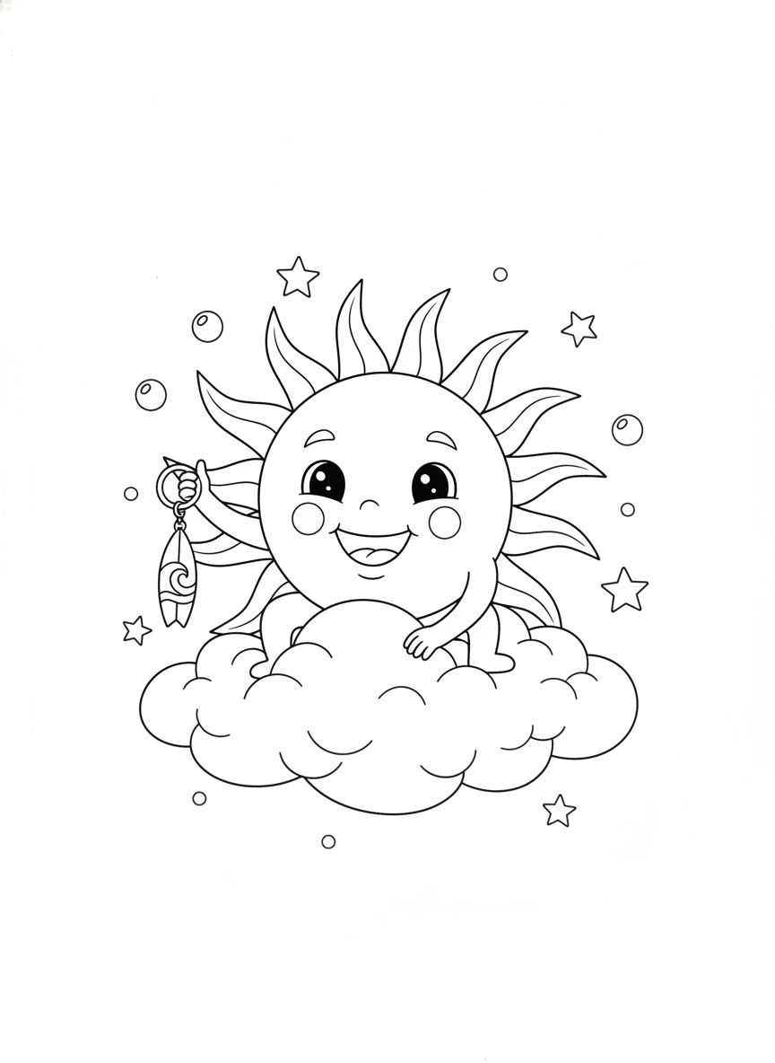 Smiling Sun Coloring Page with Surfboard Keychain on a Cloud for Kids