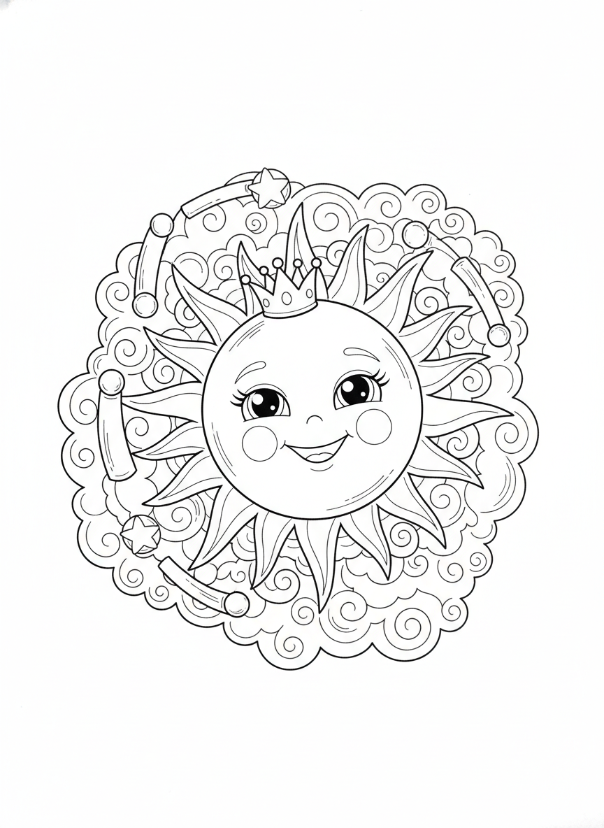 Smiling Sun Juggles Stars Coloring Page