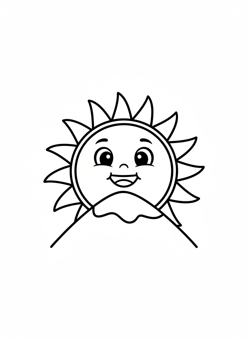 Smiling Sun & Mountain Kids Coloring Page