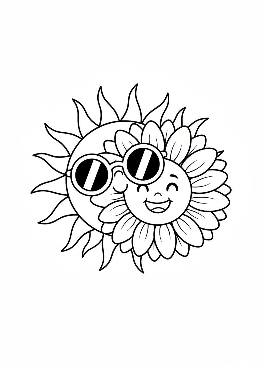 Smiling Sun & Sunflower Coloring Page for Kids