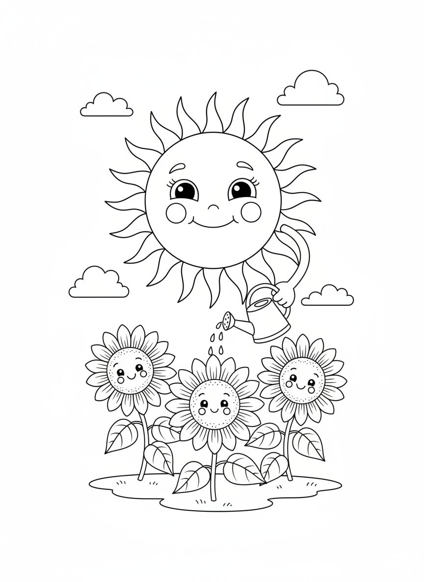Smiling Sun Watering Sunflowers Coloring Page