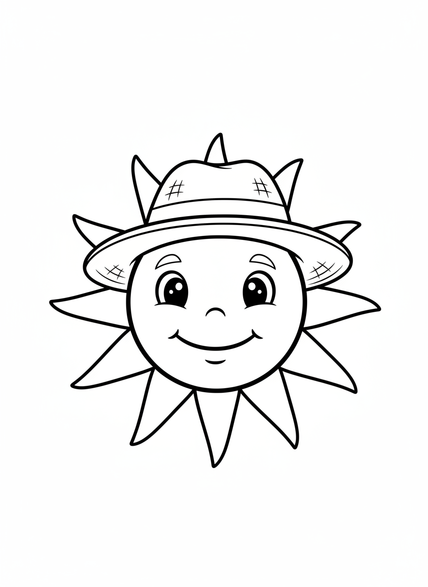 Smiling Sun with Straw Hat Coloring Page