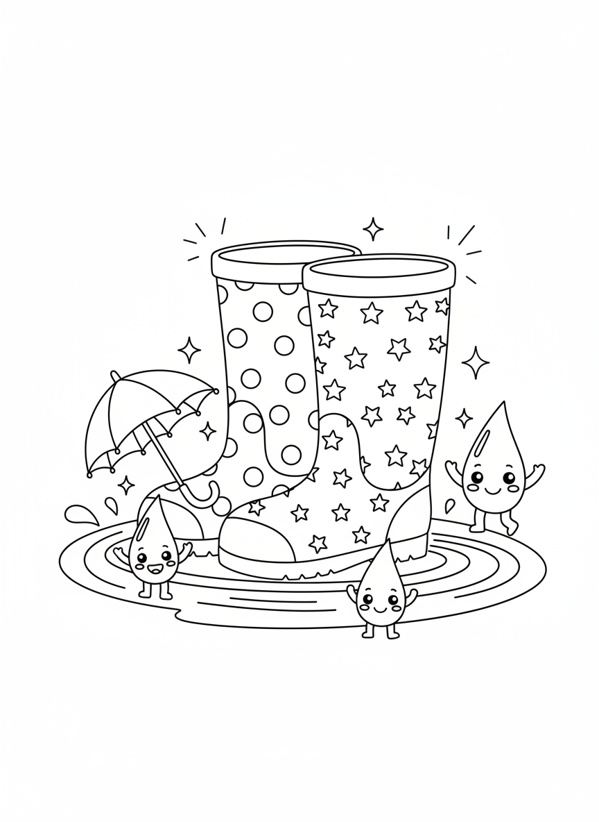 Sparkling Rain Boots in a Puddle Coloring Page