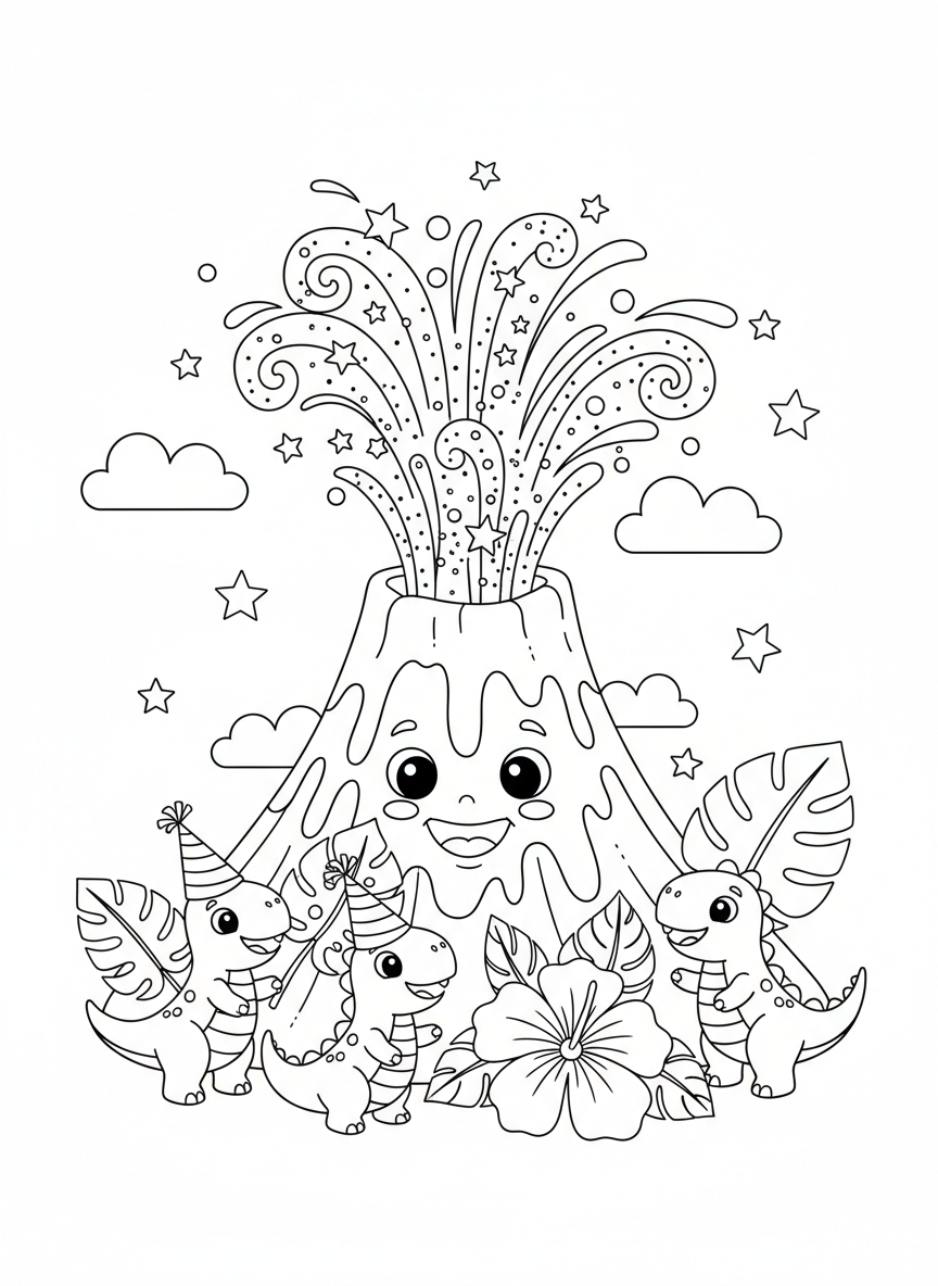 Sparkly Volcano & Dino Party Coloring Page
