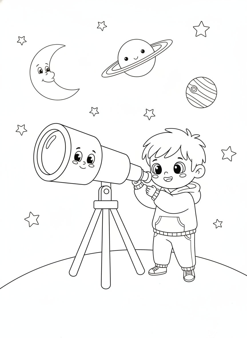 Stargazing Adventure: Kids Explore Space with a Telescope Coloring Page