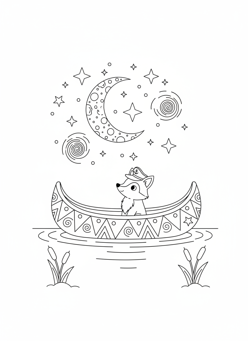 Starry Night Canoe Adventure Coloring Page