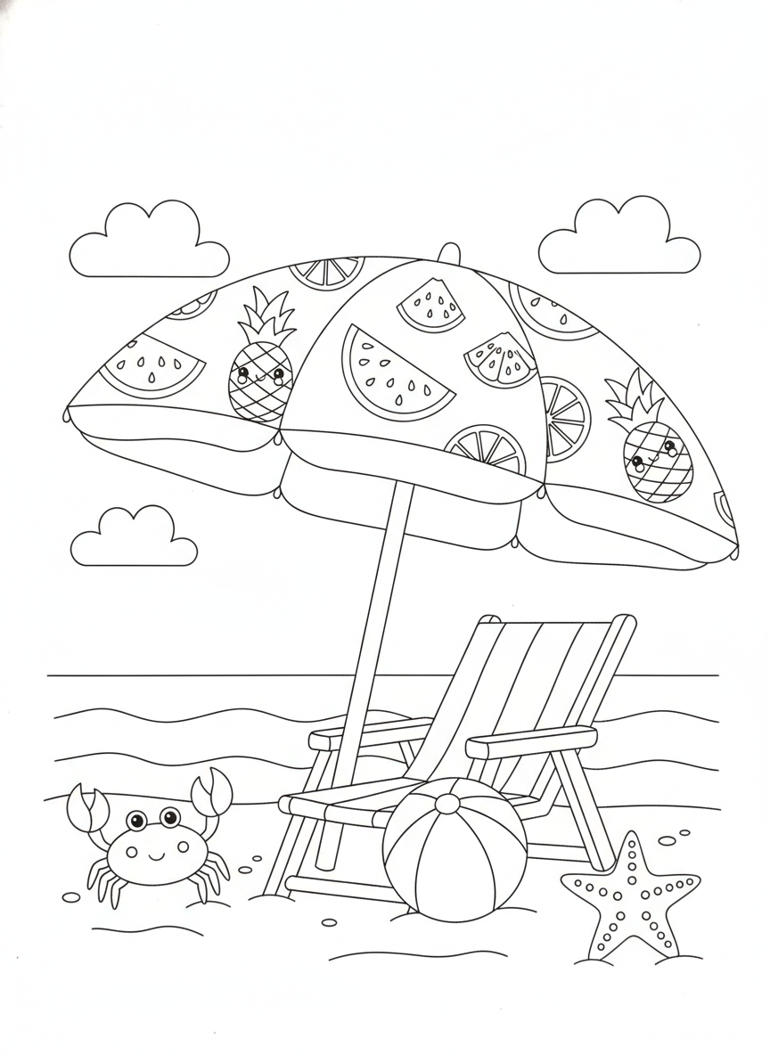 Sunny Beach Fun: Fruit Umbrella Coloring Page for Kids