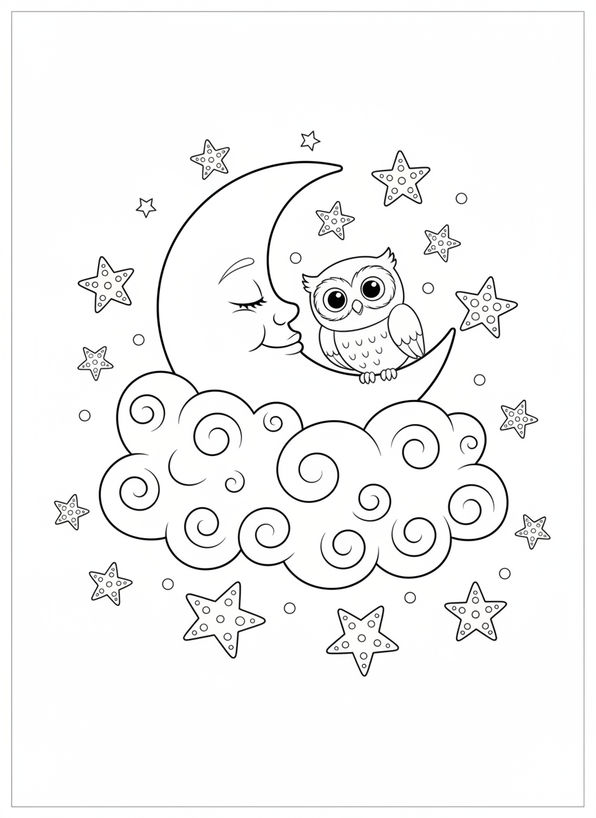 Sweet Sleeping Moon and Owl Coloring Page