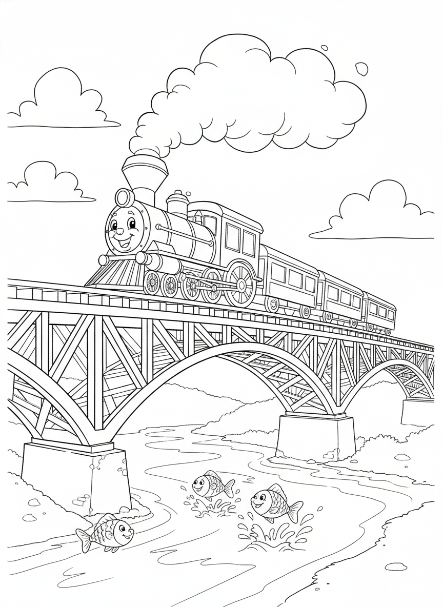 Train Over River Bridge Coloring Page