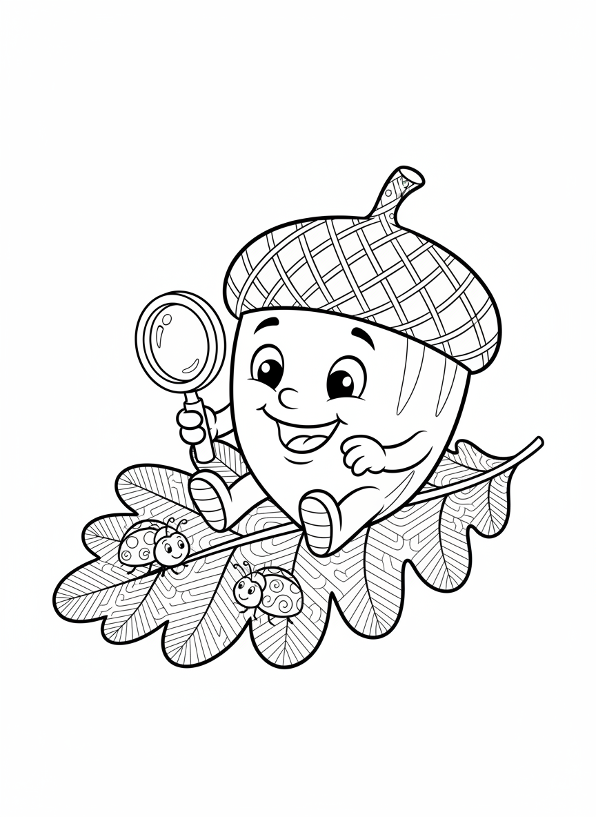 Whimsical Acorn & Ladybugs Coloring Page