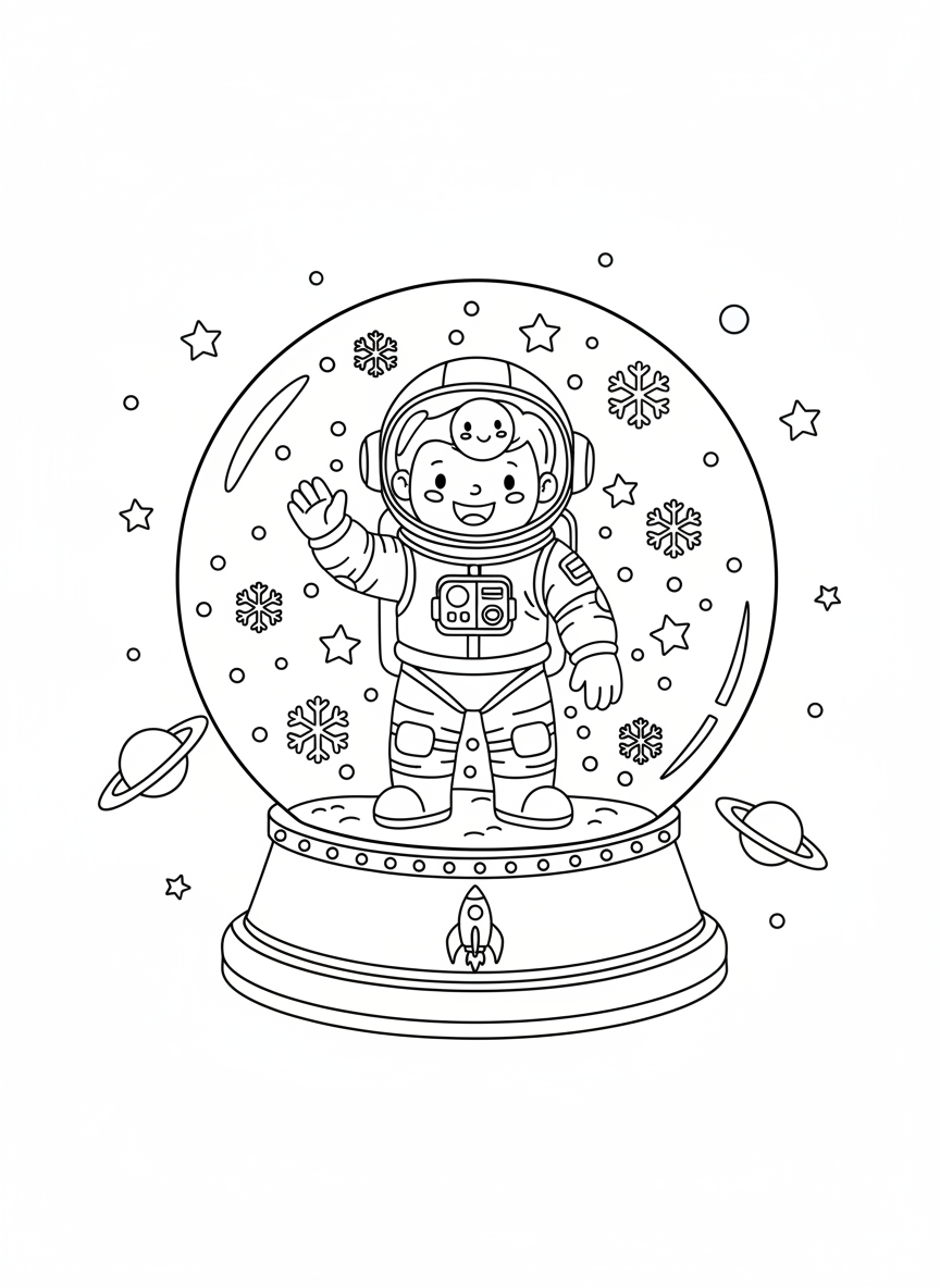 Whimsical Astronaut in Space Snow Globe Coloring Page