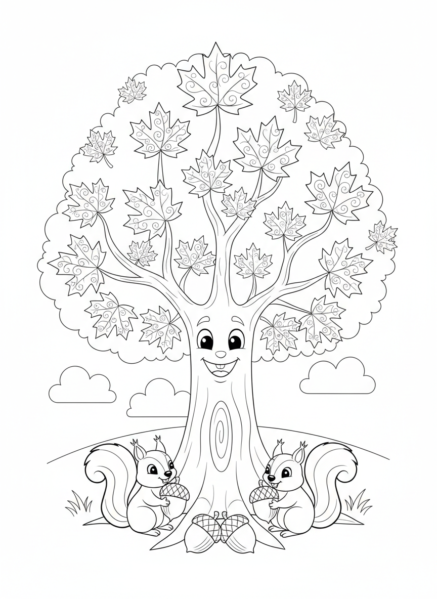 Whimsical Autumn Fun: Smiling Tree & Squirrels