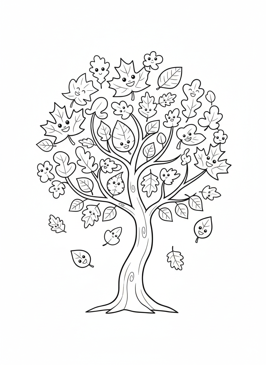 Whimsical Autumn Tree Coloring Page