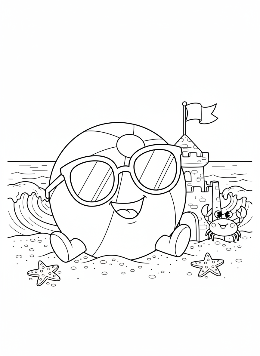 Whimsical Beach Ball & Crab Scene Coloring Page