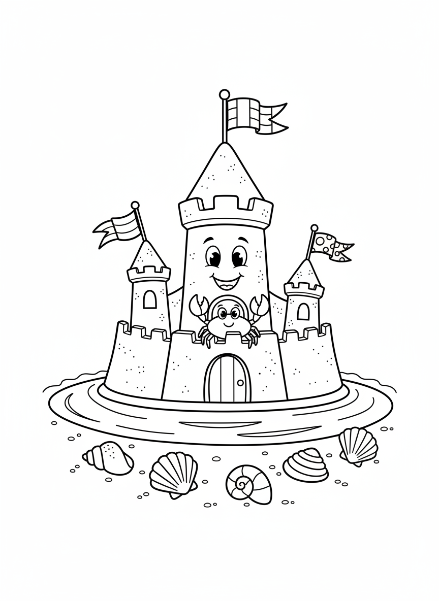 Whimsical Beach Fun: Sandcastle & Crab Coloring Page