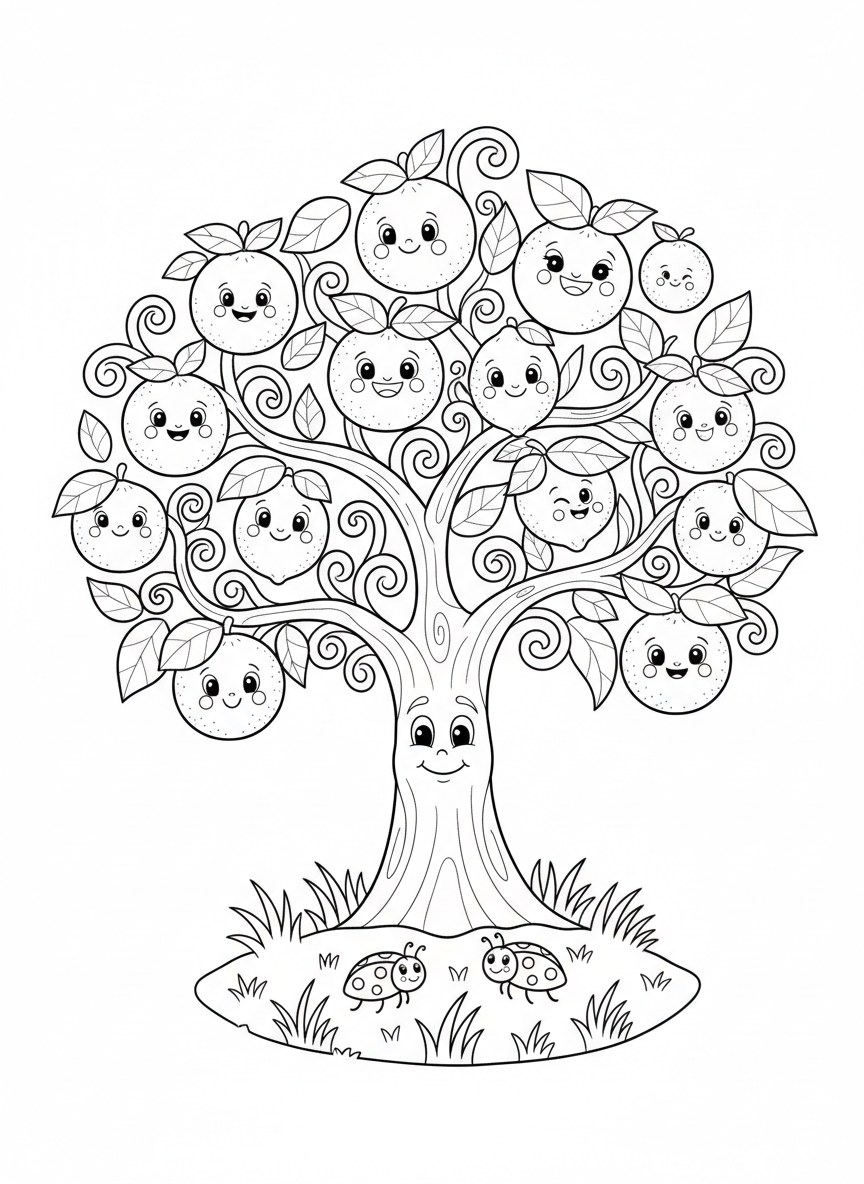 Whimsical Citrus Tree with Smiling Fruits & Ladybugs