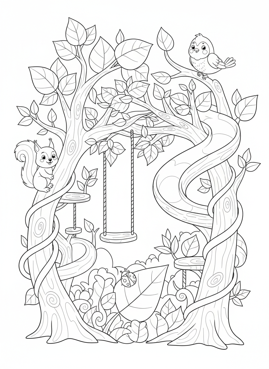Whimsical Forest Climbing Frame Coloring Page