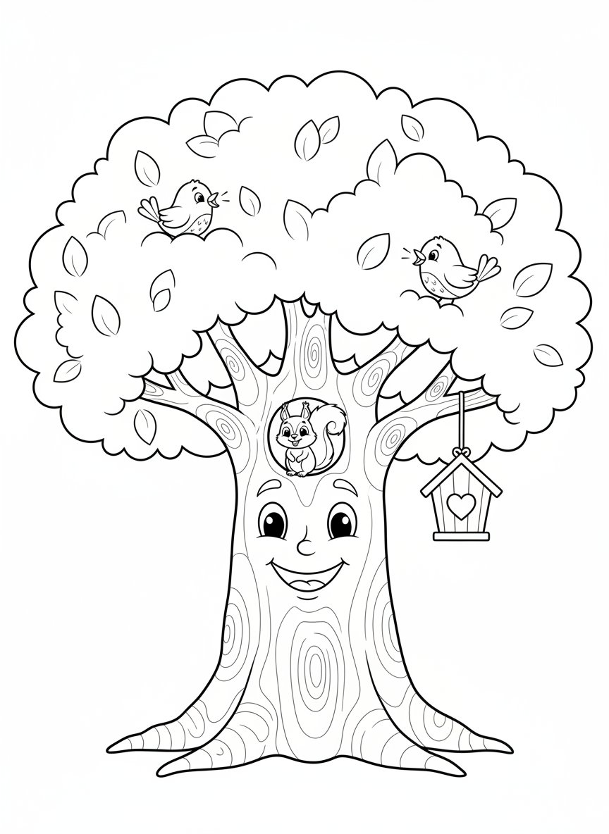 Whimsical Happy Tree Coloring Page for Kids with Friendly Forest Animals