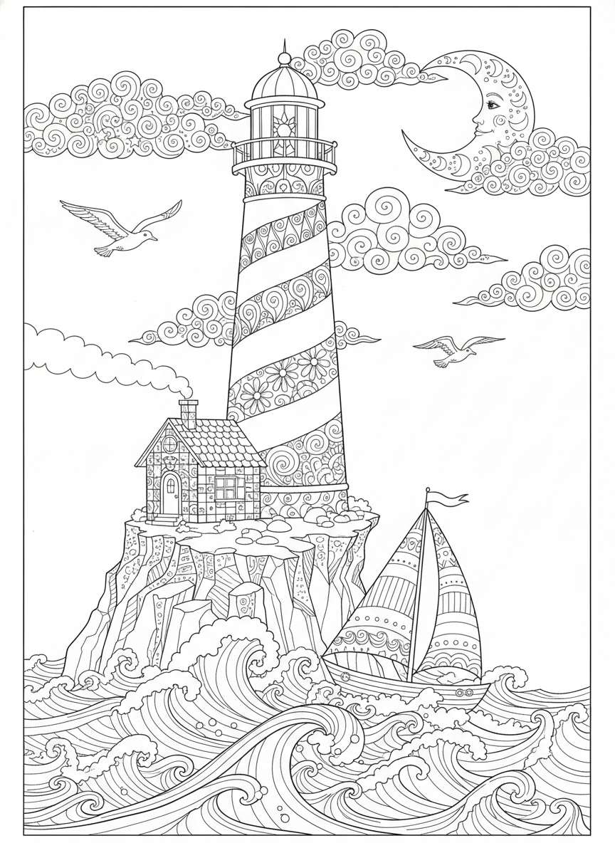 Whimsical Lighthouse Adventure: A Detailed Seascape Coloring Page