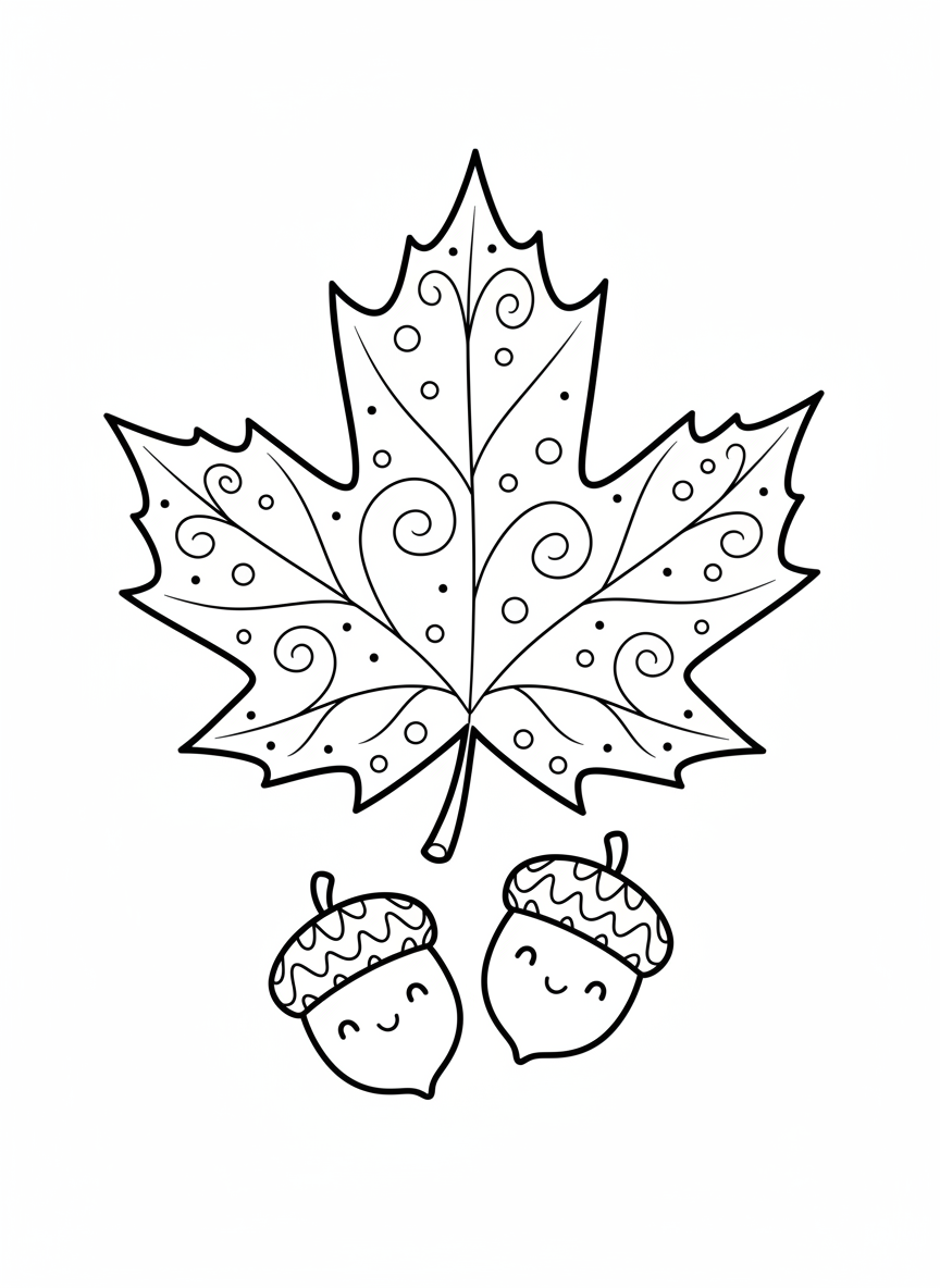 Whimsical Maple Leaf & Acorns Coloring Page