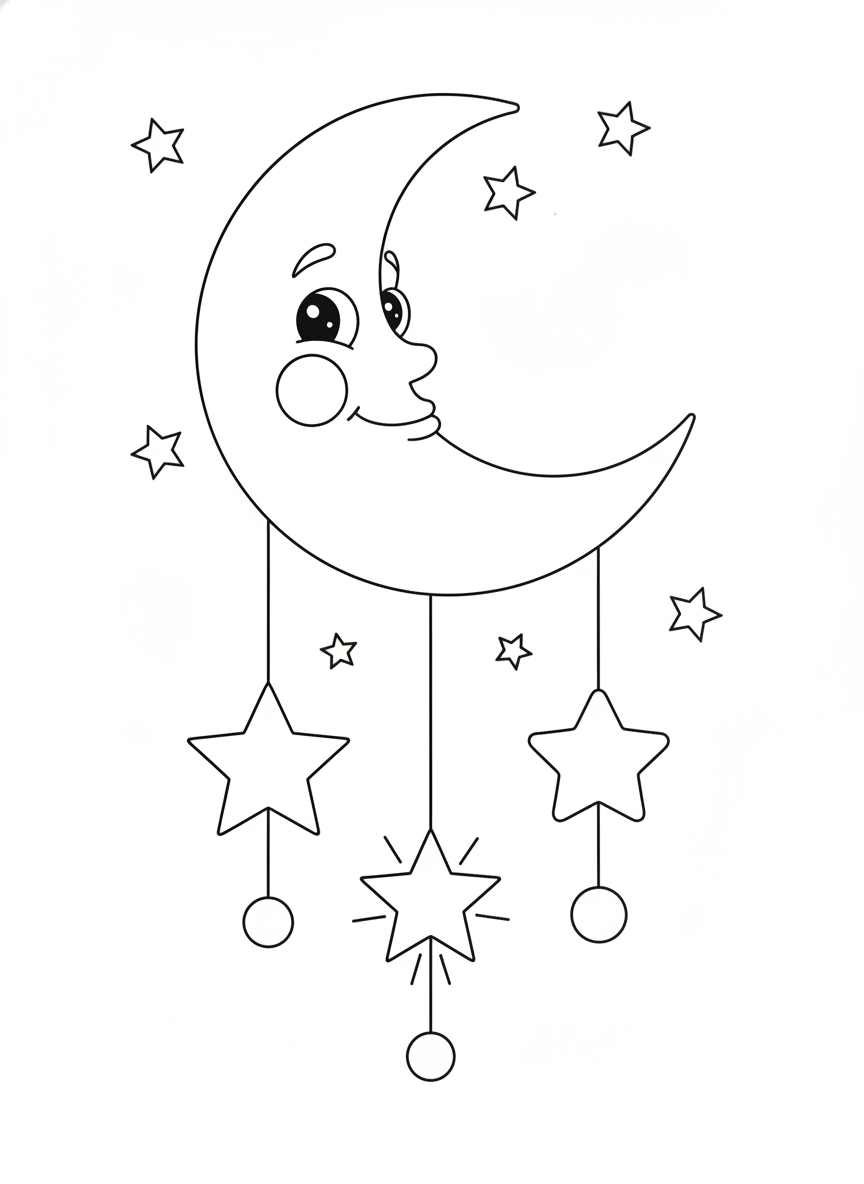 Whimsical Moon and Star Wind Chimes Coloring Page for Kids