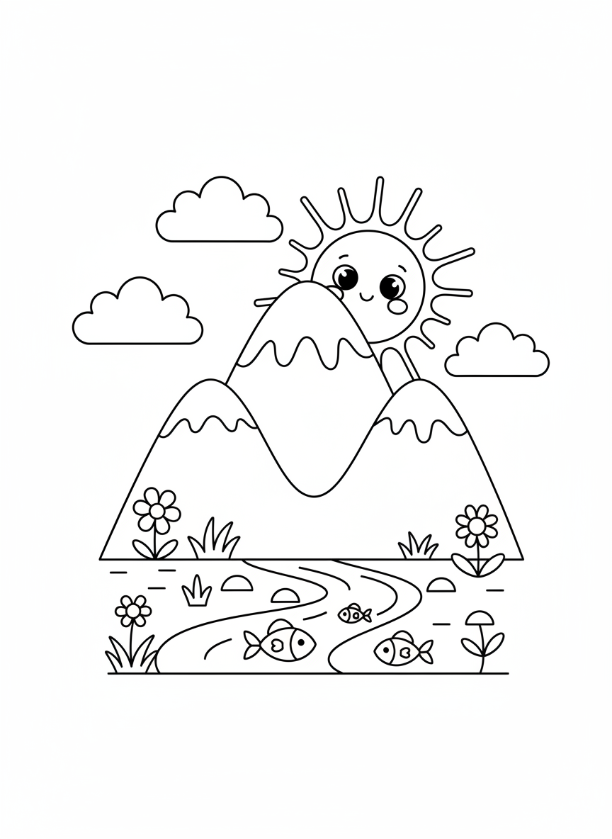 Whimsical Rainbow Mountain Coloring Page for Kids