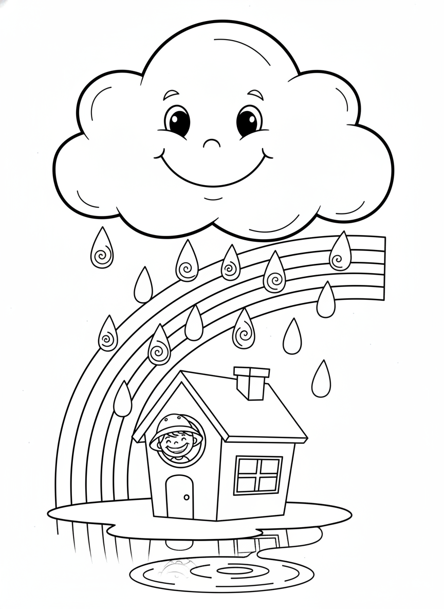 Whimsical Rainy Day Fun: Cute Cloud, Rainbow & Happy Child Coloring Page