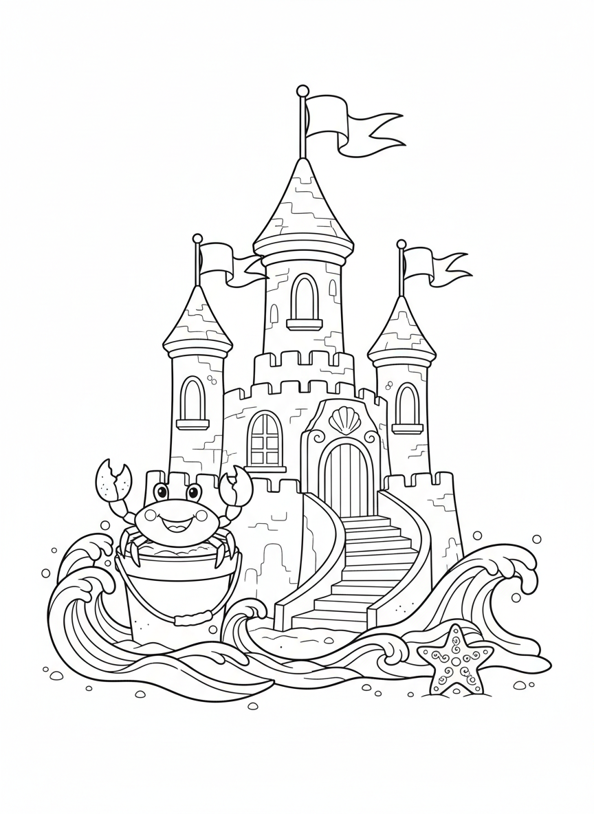 Whimsical Sandcastle Beach Scene Coloring Page for Kids